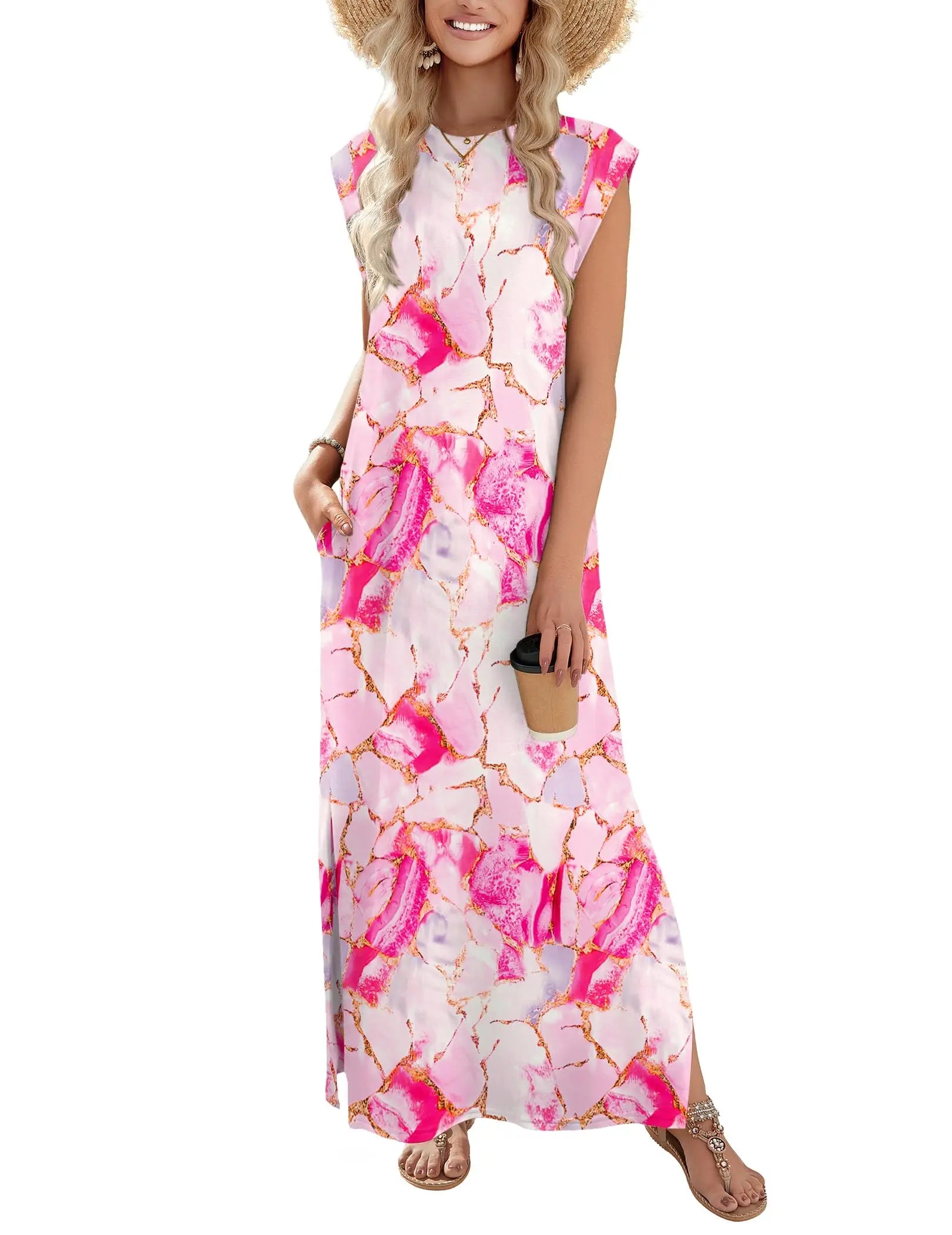 Loose Fit Sleeveless Floral Maxi Dress with Pockets for Casual Styling