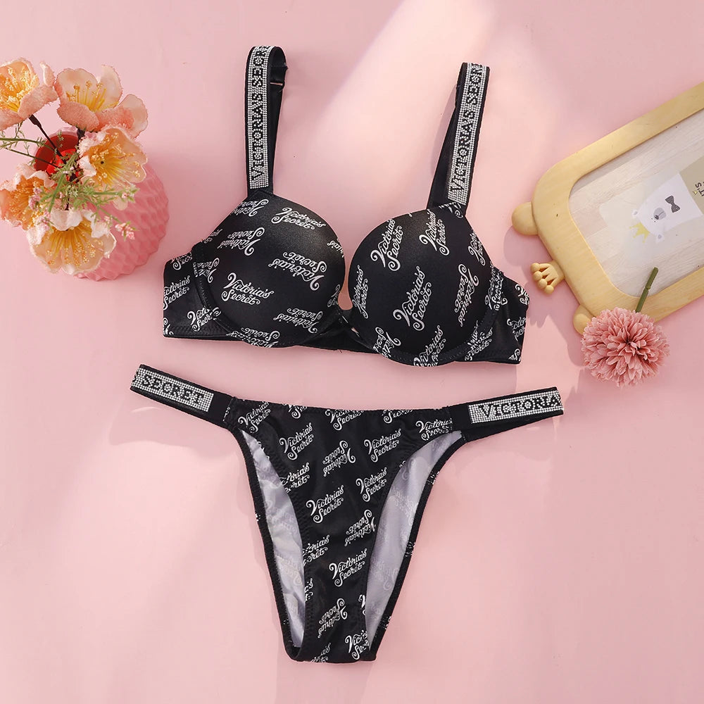 Tropical Botanical Print Push-Up Bra and Rhinestone Script Thong Set