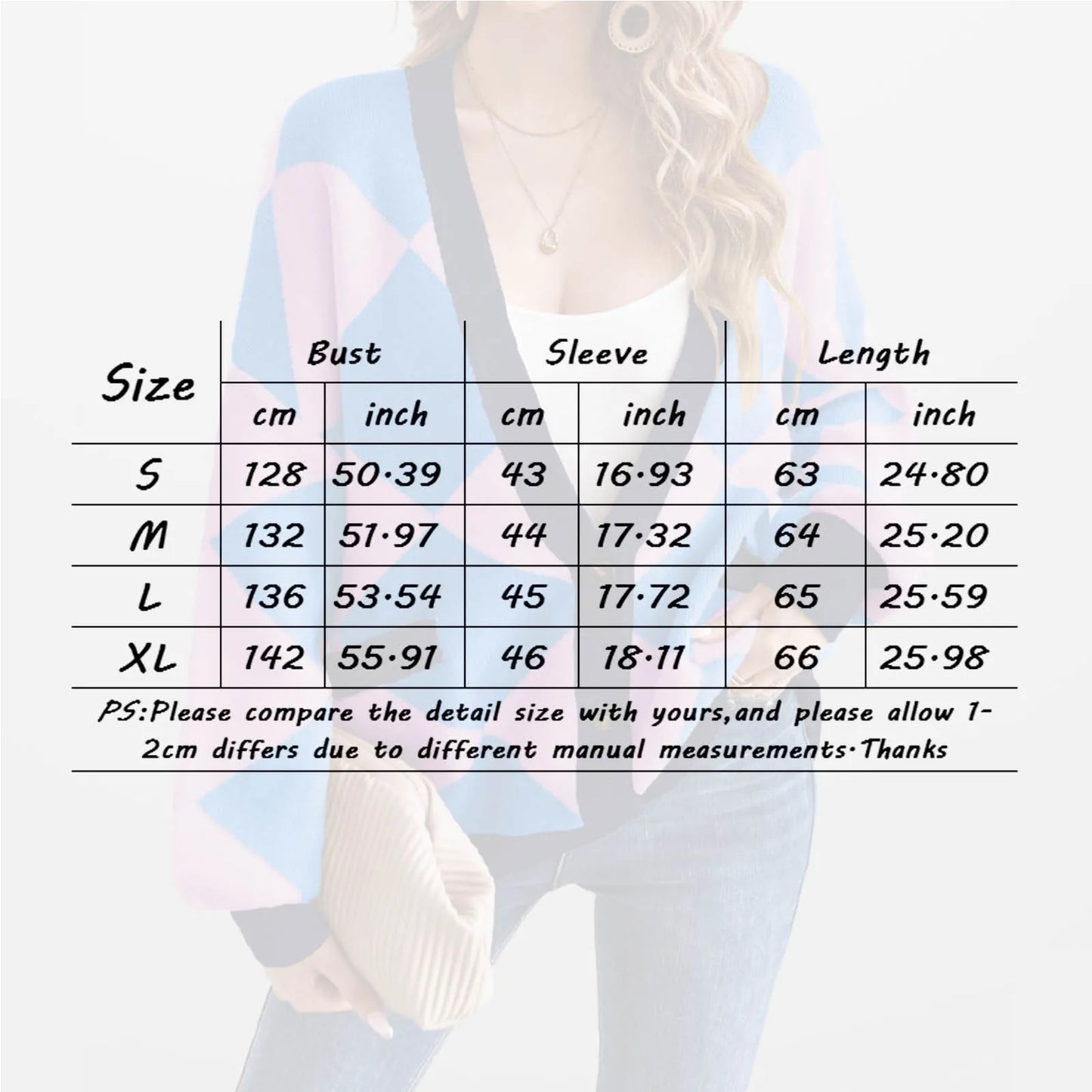 Women's Geometric Color Block Knit Cardigan with Oversized Button Front Design