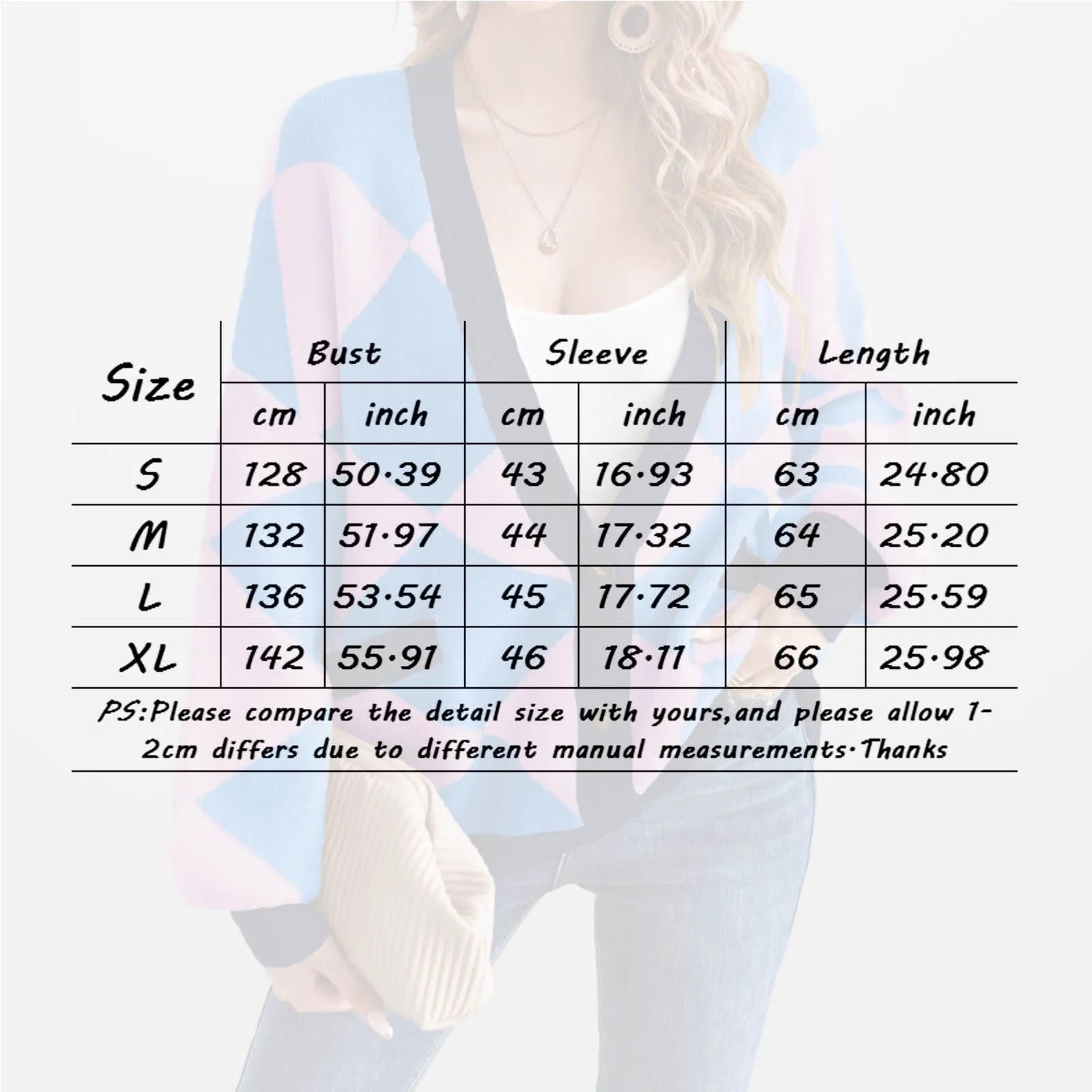 Women's Geometric Color Block Knit Cardigan with Oversized Button Front Design