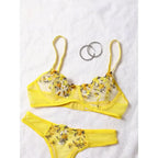 Vibrant Yellow Botanical Embroidered Sheer Mesh Underwire Bra and Thong Set