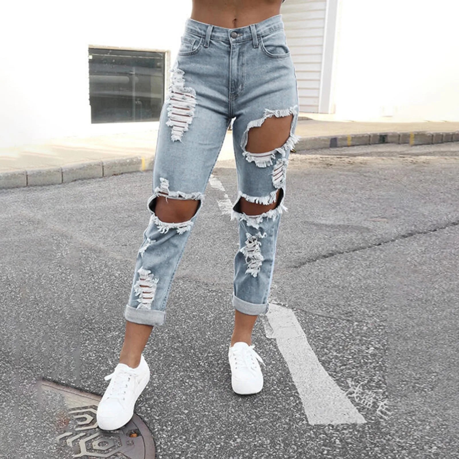 Women's Distressed Straight Leg Denim Jeans with Frayed Ripped Details and Relaxed Fit