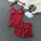 Midnight Blue Satin-Finish Camisole and Shorts Sleepwear Set with Lace Trim