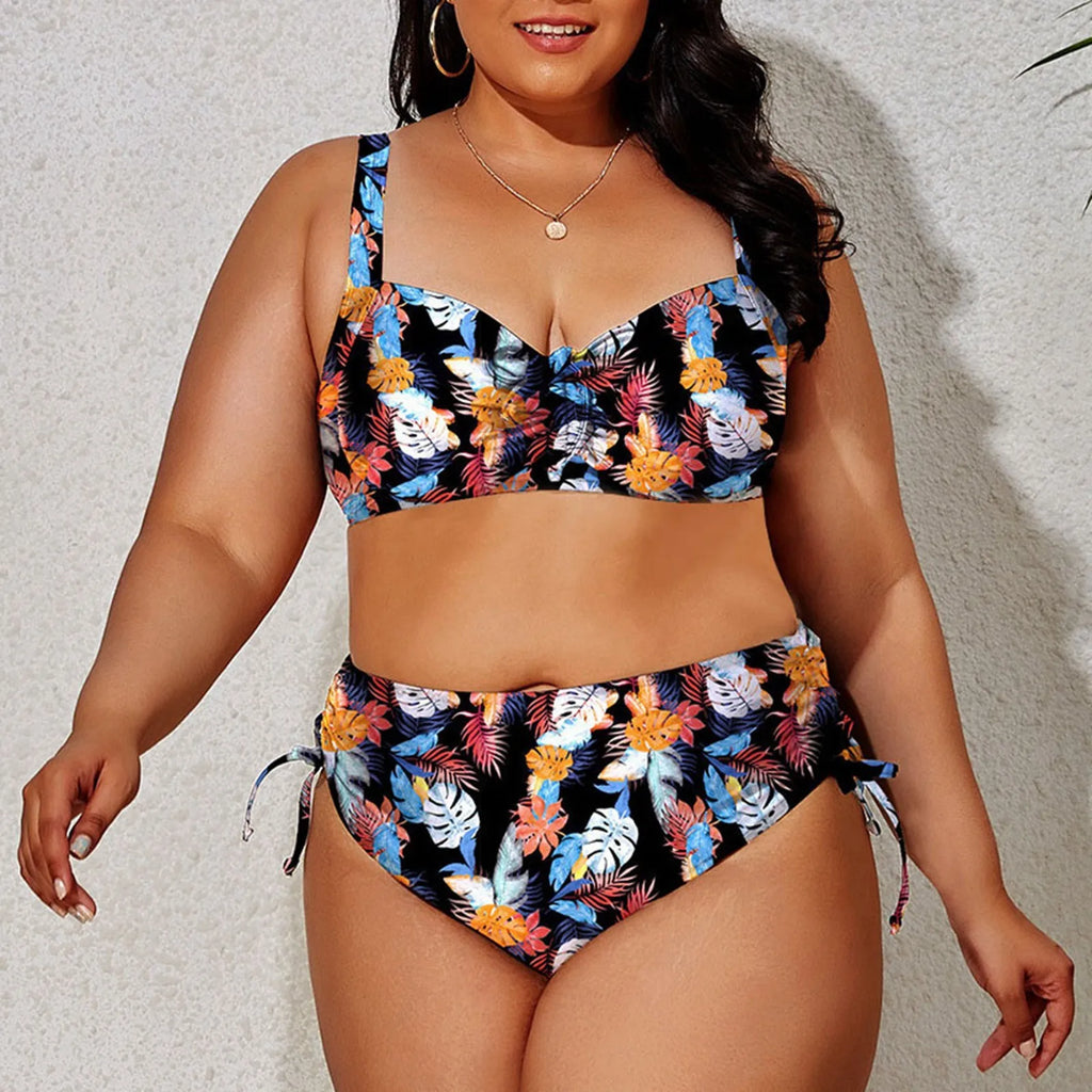 Navy Blue Floral Medallion Two-Piece Bikini Set with High-Waisted Bottom, Shaped Top and Adjustable Side-Tie Details
