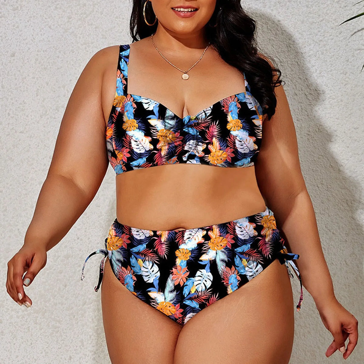 Navy Blue Floral Medallion Two-Piece Bikini Set with High-Waisted Bottom, Shaped Top and Adjustable Side-Tie Details