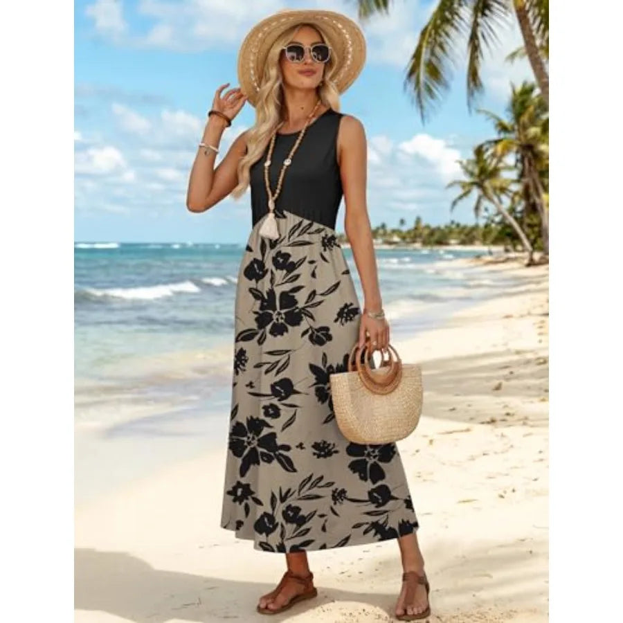 Printed Empire Waist Sleeveless Maxi Dress with Relaxed Contemporary Styling