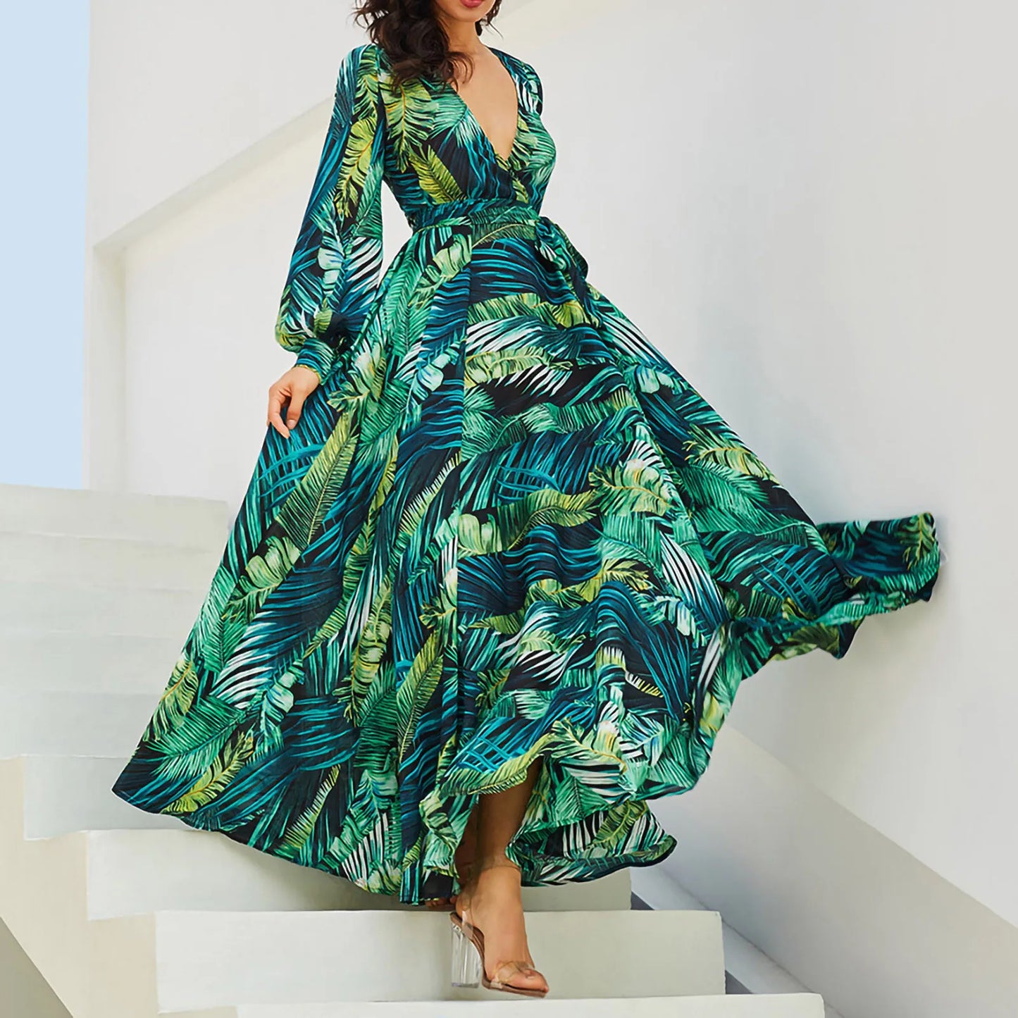 Flowing Tropical Print Bohemian Alternative Fashion Maxi Dress