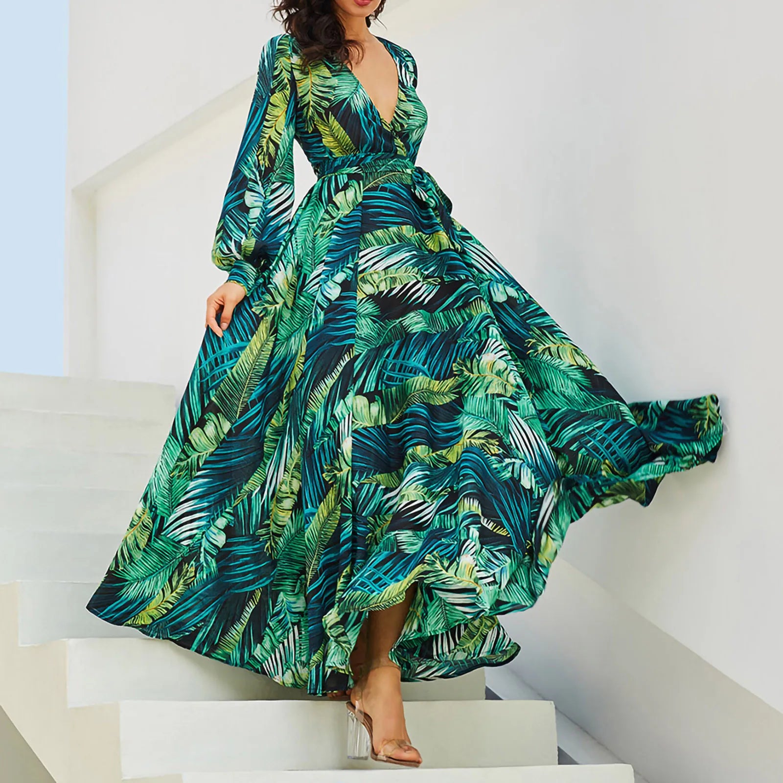 Flowing Tropical Print Bohemian Alternative Fashion Maxi Dress
