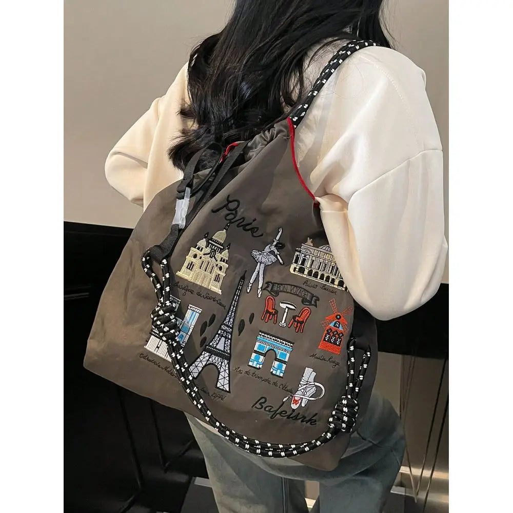 Graphic Embroidered Utility Tote Bag with Large Capacity Carry Design