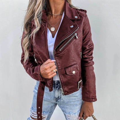 Women's Cropped Faux Leather Moto Jacket with Asymmetrical Zip Contemporary Streetwear Design