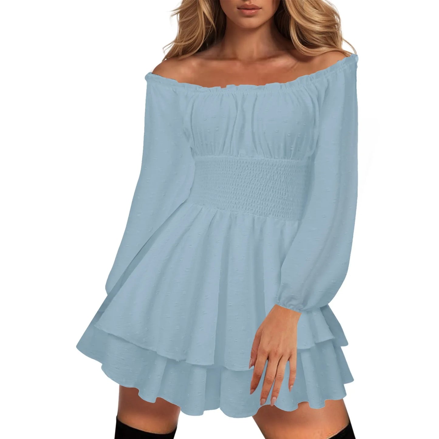 Off Shoulder Layered Ruffle Mini Dress with Flowing A-Line Silhouette