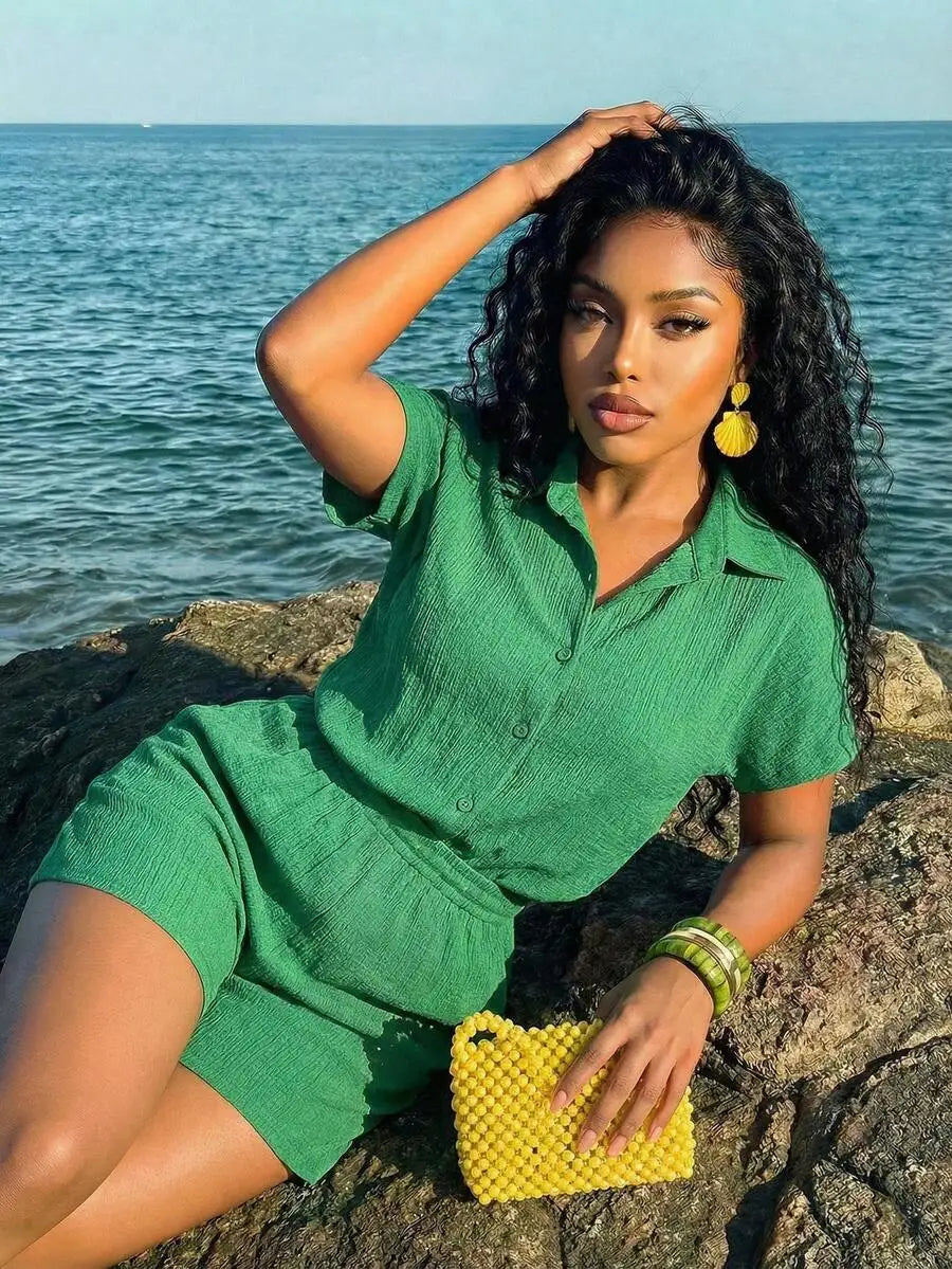 Women's Textured Button Front Shirt and Shorts Co-Ord Set Vacation Outfit
