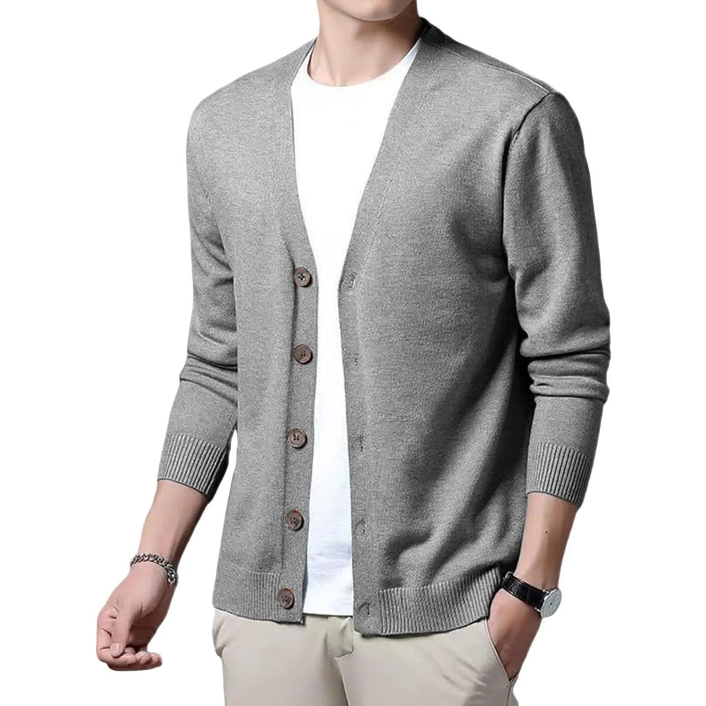 Men's V Neck Button Front Cardigan with Lightweight Ribbed Knit Construction