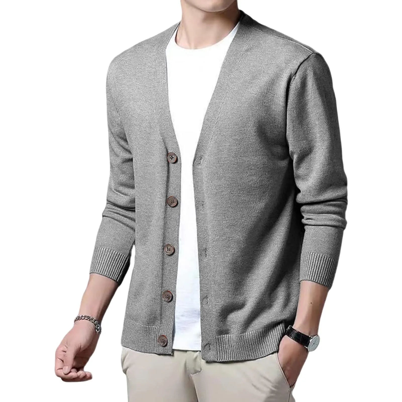 Men's V Neck Button Front Cardigan with Lightweight Ribbed Knit Construction