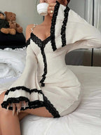 Women's Pearl-Chain Detail Babydoll Nightdress, Long-Sleeve V-Neck Mini Sleepwear with Lace Trim and Spaghetti Straps