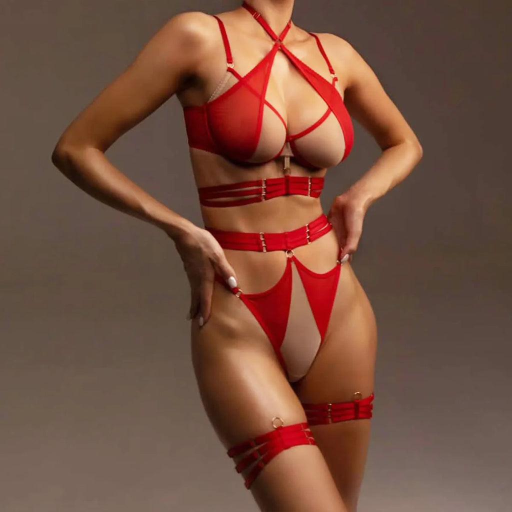 Fierce Red Strappy Sheer Mesh Underwire Harness Lingerie Set
