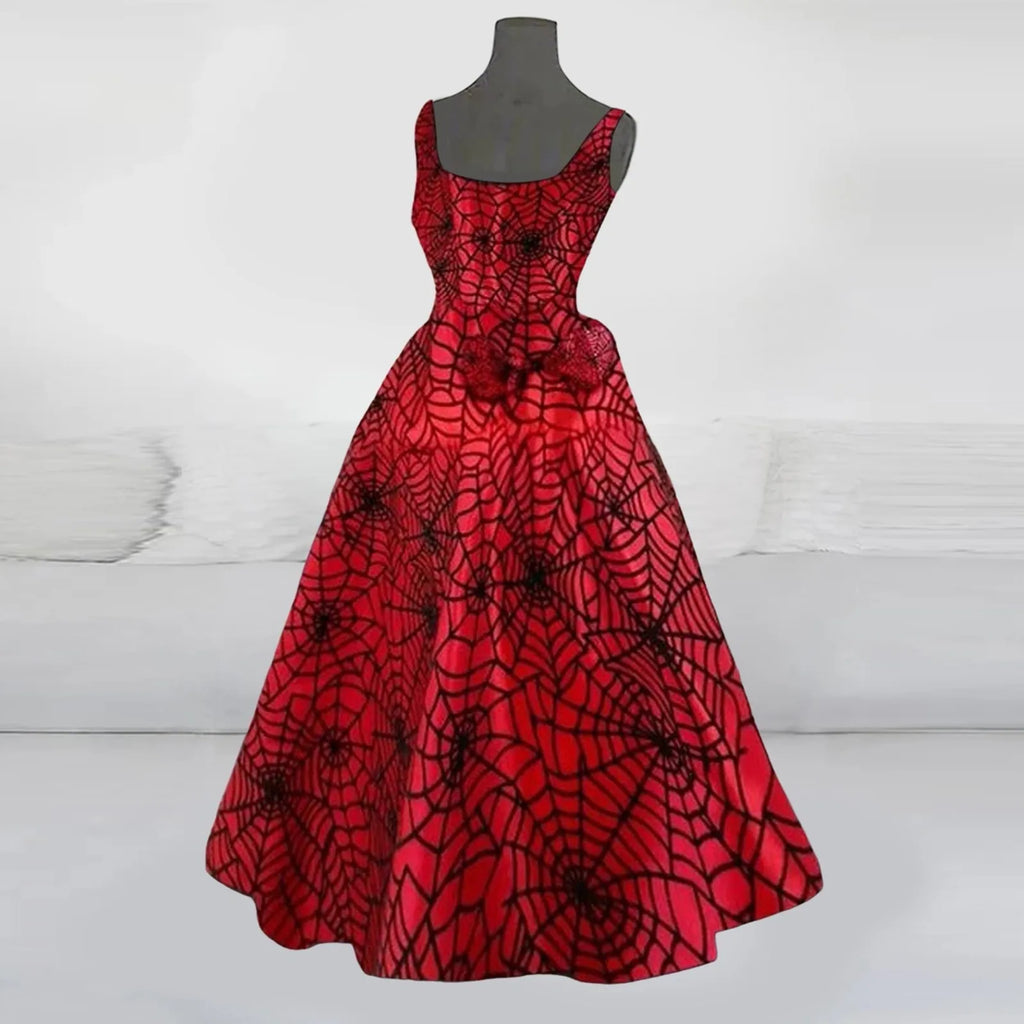 Halloween Skeleton Ribcage Print Flared Swing Dress with Waist Bow