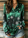 Whimsical Snowflake and Star Print Gradient Button-Down Blouse