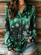 Whimsical Snowflake and Star Print Gradient Button-Down Blouse