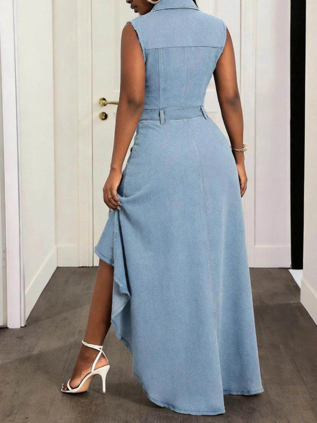 Sleeveless Chambray-Style High-Low Button-Front Dress with Statement Hemline
