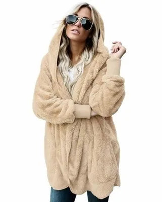 Women's Hooded Plush Fleece Cardigan Open Front Cozy Casual Layering Jacket