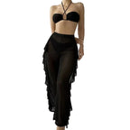 Black Three-Piece Ruffle Bikini Set with Bandeau Top, Sheer Mesh Trousers and Floral Beachwear Styling
