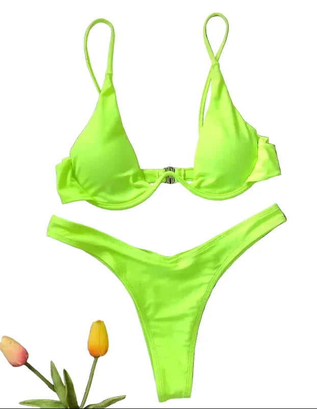 Vibrant Neon Green V-Bar Underwire Bikini with High-Cut Silhouette