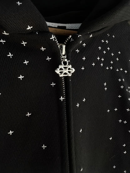 Oversized Rhinestone Graphic Zip-Up Hoodie with Streetwear Inspired Design