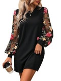 Embroidered Mesh Lantern Sleeve Relaxed Mini Dress with Statement Floral Details