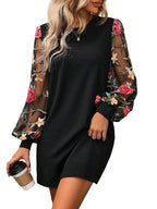 Embroidered Mesh Lantern Sleeve Relaxed Mini Dress with Statement Floral Details