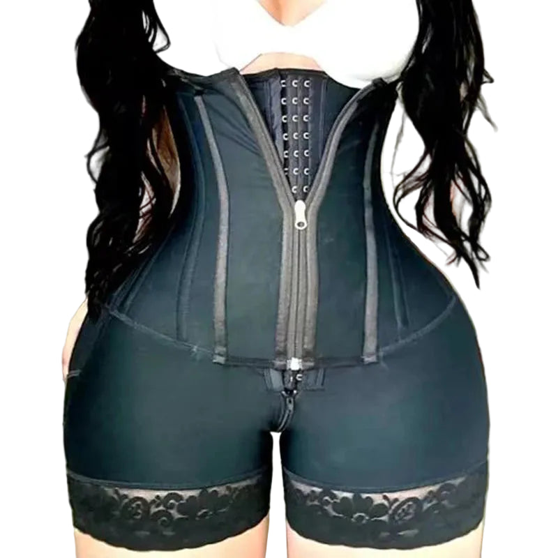 High-Waisted Underbust Shaping Short with Corset-Style Front and Lace Hem
