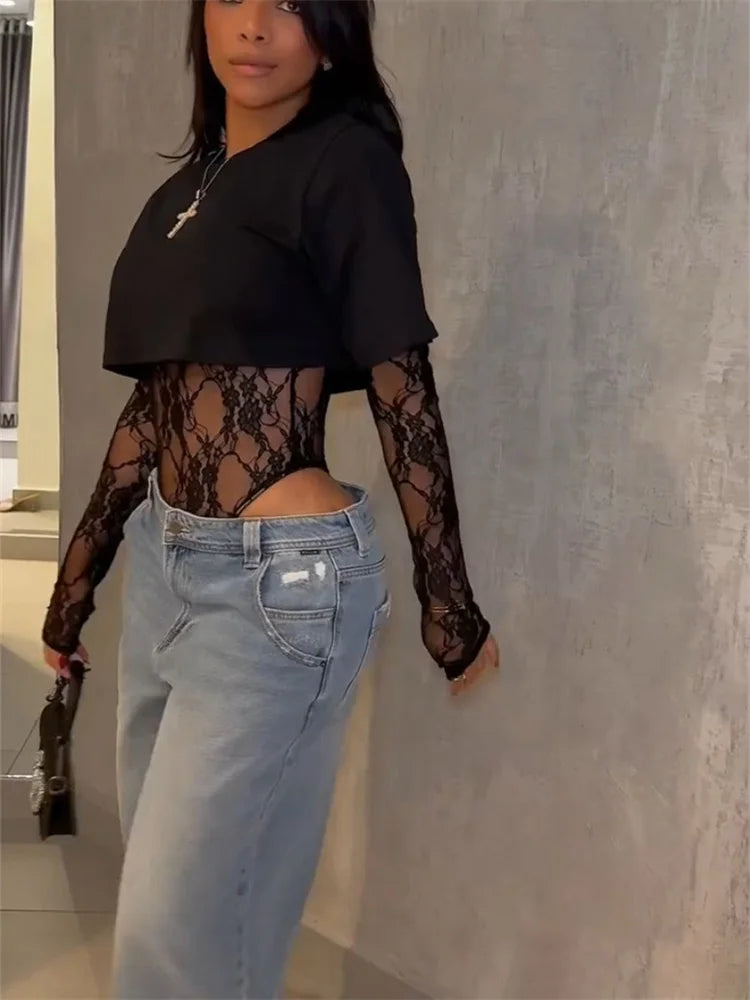 Layered Lace Sleeve Crop Top with Fitted Silhouette and Alternative Edge