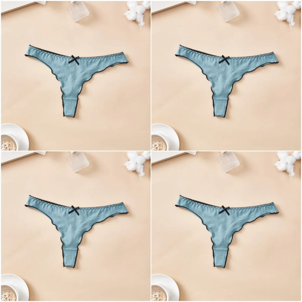 4-Piece Women’s Cotton Low-Rise Thong Panties Set with T-Back Silhouette, Decorative Bow Detail and Assorted Solid Colors