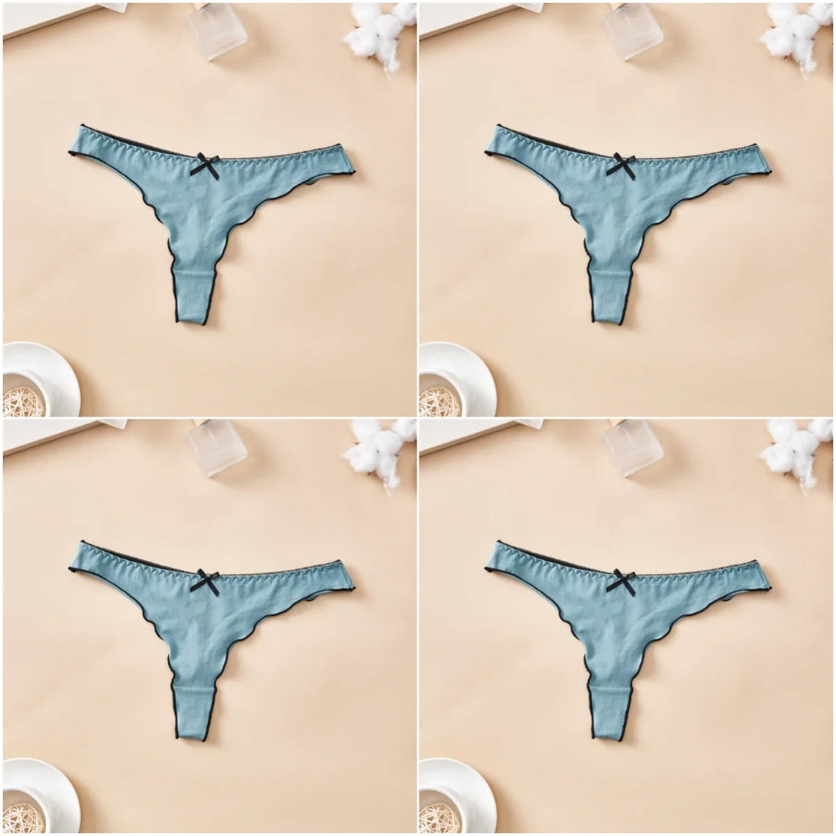 4-Piece Women’s Cotton Low-Rise Thong Panties Set with T-Back Silhouette, Decorative Bow Detail and Assorted Solid Colors
