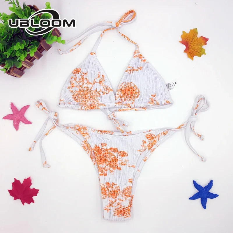 Vibrant Green Floral Underwire Bikini with Ruched Texture