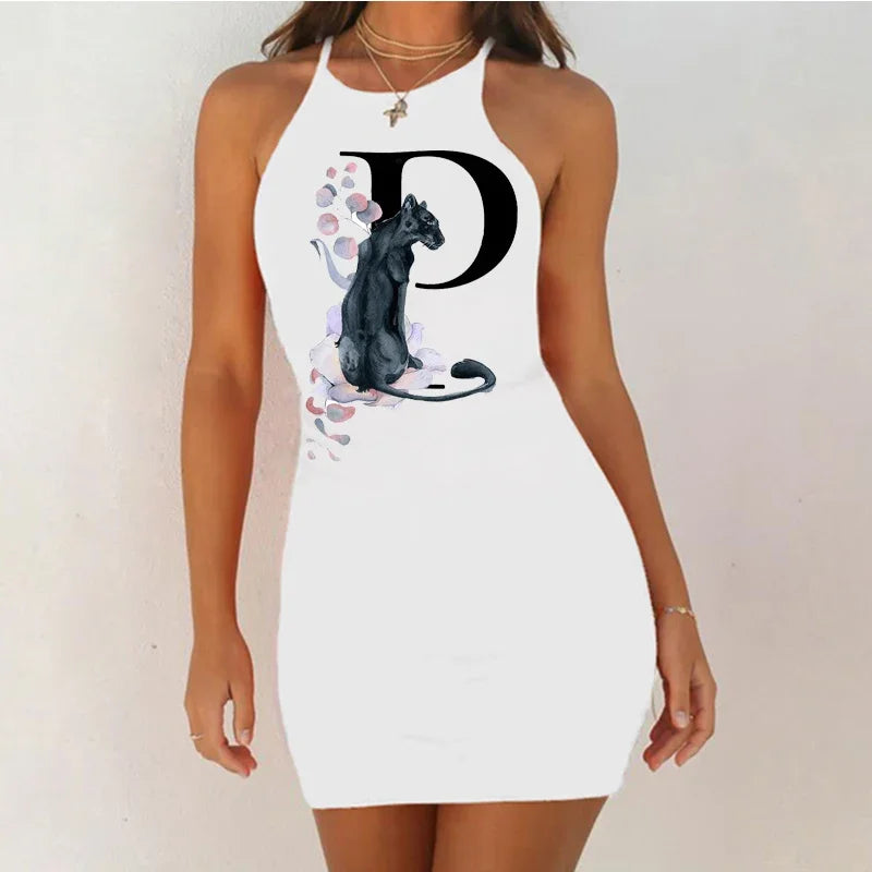 White Sleeveless Mini Nightgown with Bold Black Letter and Graphic Print, Slim Silhouette and Above-Knee Length