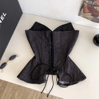 Dark Denim-Inspired Strapless Lace-Up Bustier with Asymmetrical Peplum Hem