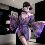 Sheer Black and Purple Floral Lace Kimono Robe with Satin Trim