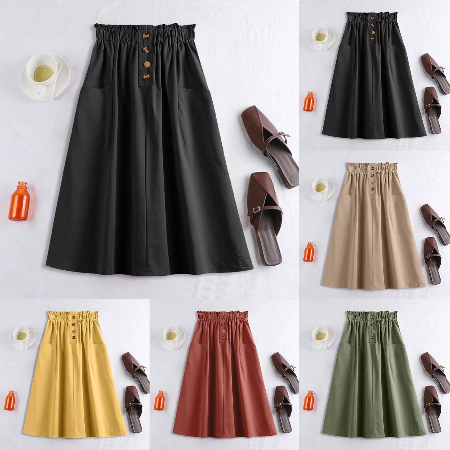 Elastic Waist A-Line Midi Skirt with Functional Side Pockets