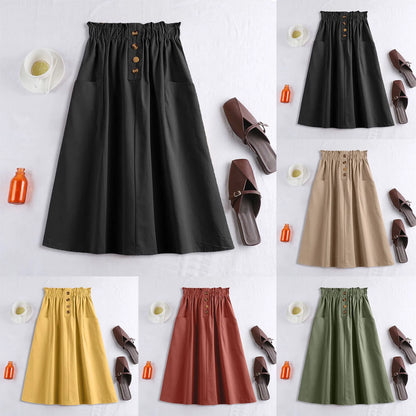 Elastic Waist A-Line Midi Skirt with Functional Side Pockets