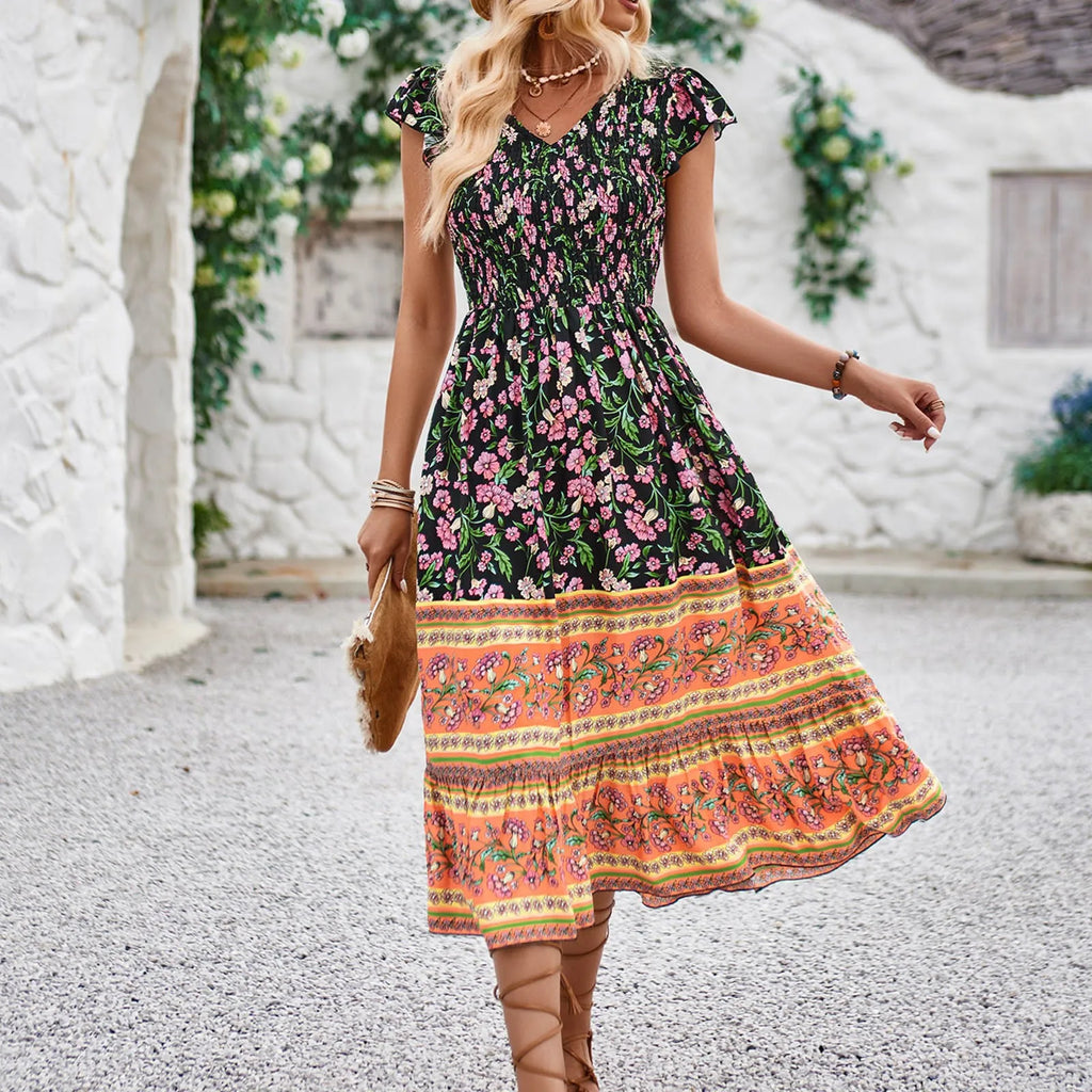 Floral Print Maxi Dress with Flutter Sleeves and Relaxed Silhouette