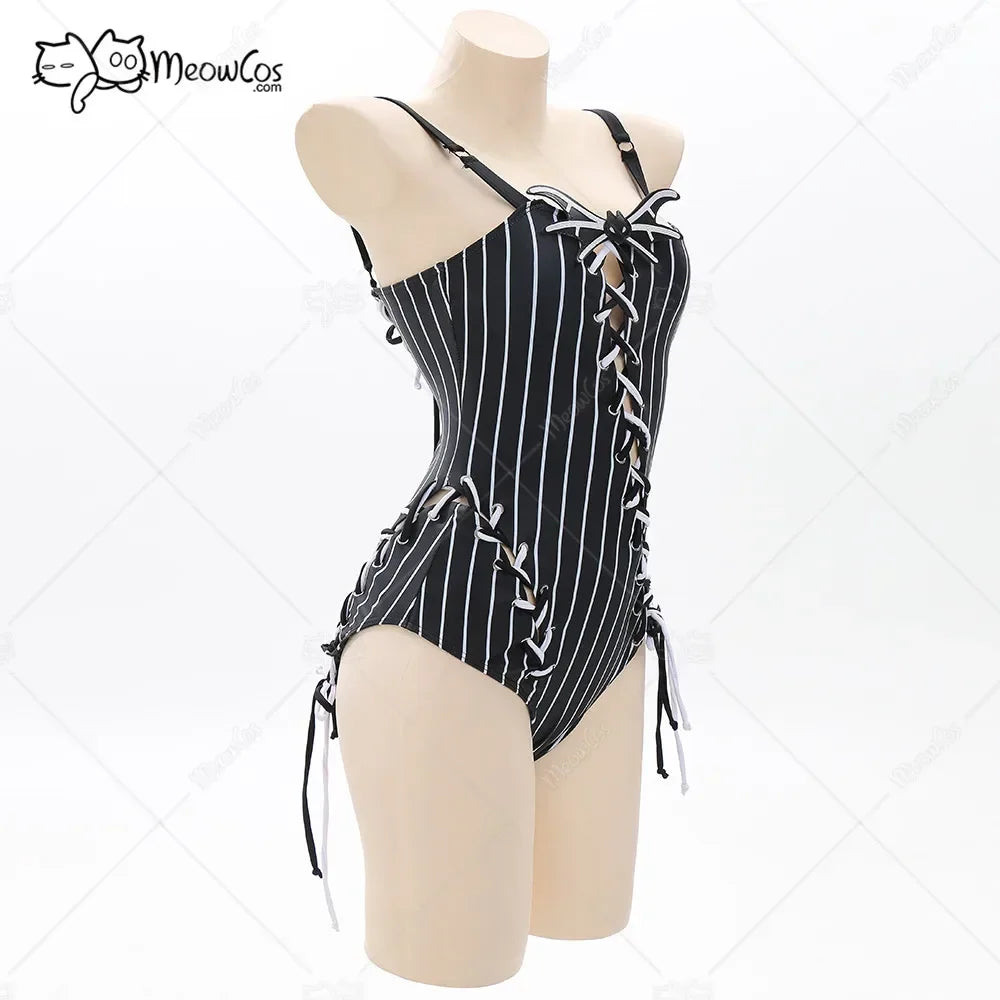 Women's Striped One Piece Swimsuit with Adjustable Shoulder Straps and Matching Choker Accessory
