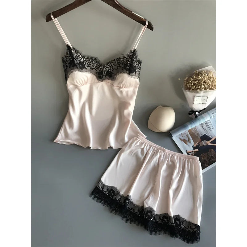 Sleek Satin-Finish Black Camisole and Shorts Sleep Set with Delicate Lace Trim
