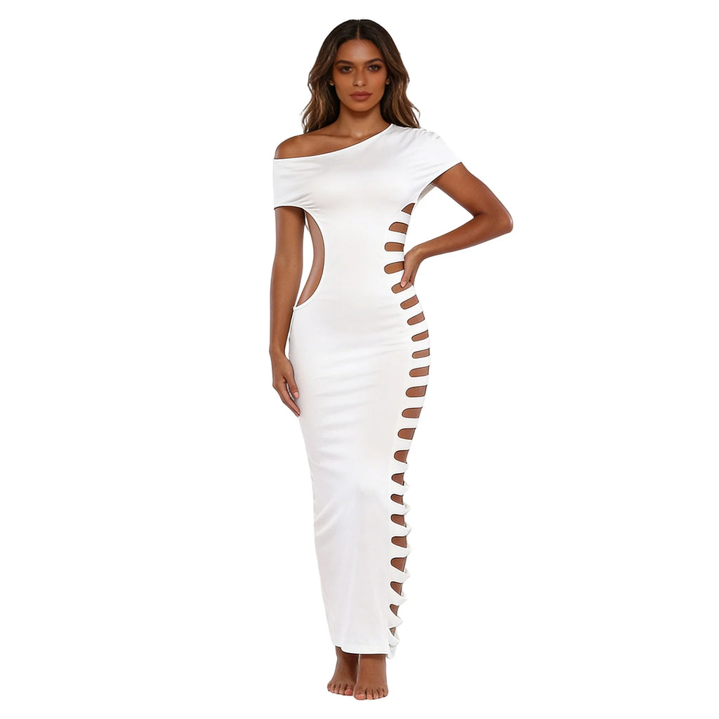 One Shoulder Bodycon Maxi Dress with Side Cutout and Slim Fit