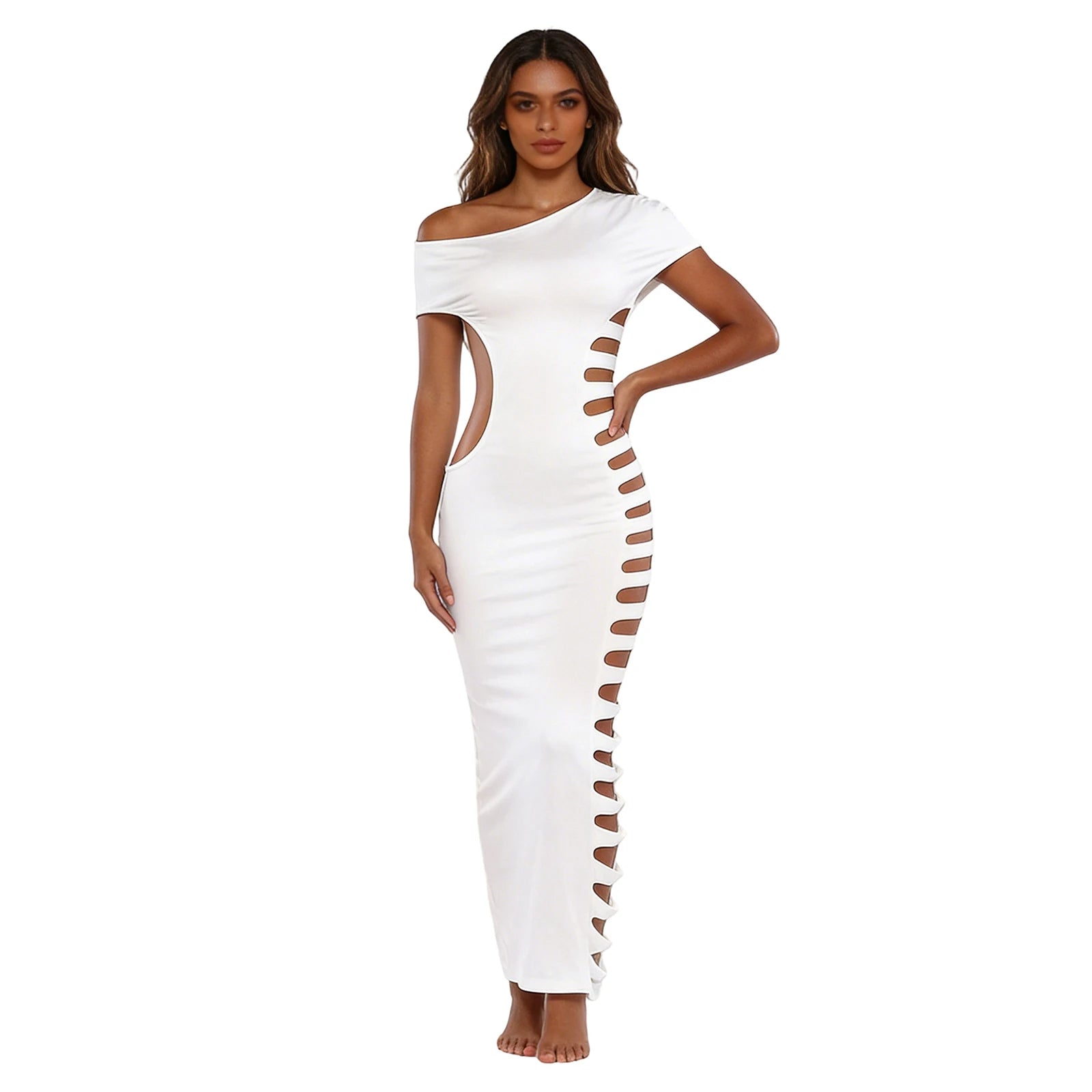 One Shoulder Bodycon Maxi Dress with Side Cutout and Slim Fit