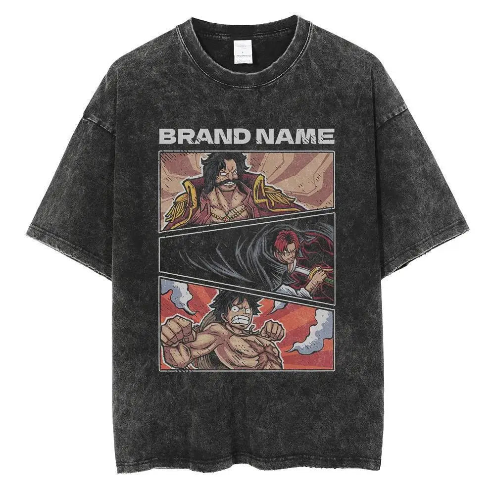 Oversized Anime Manga Graphic Streetwear Tee with Vintage Washed Art Panels