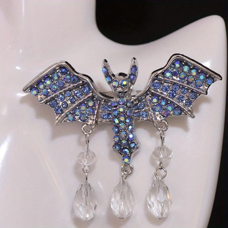 Vintage Gothic Bat Wing Brooch with Crystal Drop Statement Accent