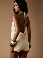 Women's Ruched Cowl Neck Sleeveless Two Piece Romper Style Matching Set
