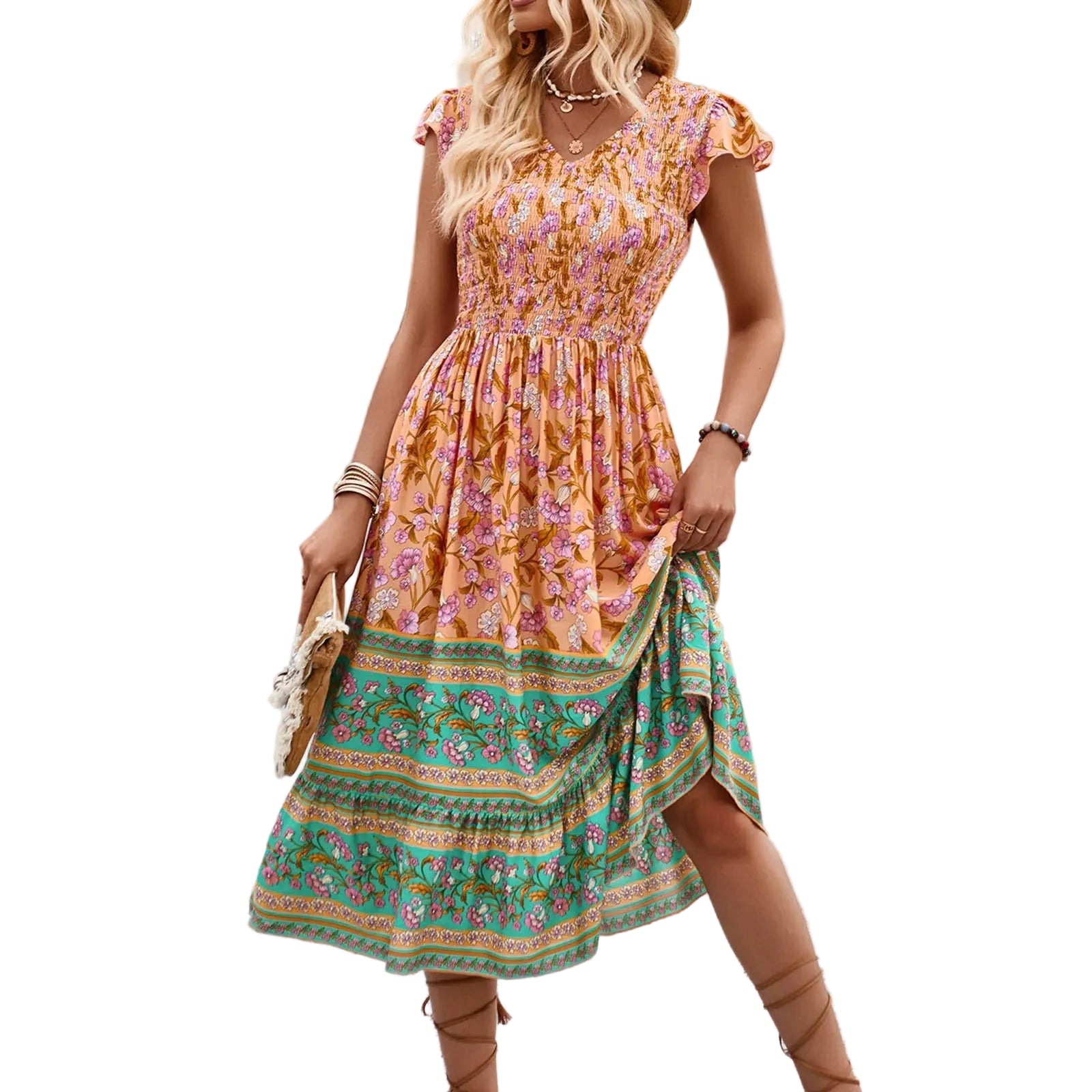 Floral Print Maxi Dress with Flutter Sleeves and Relaxed Silhouette