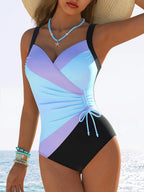 Color-Block Halter One-Piece Swimsuit with Removable Padding, Ruched Waist and High-Stretch Sculpted Beachwear Design